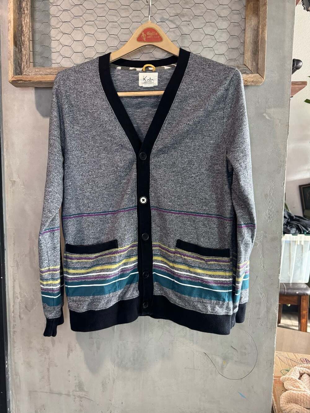 Koto Cardigan Size M Gray Striped Cotton V-Neck